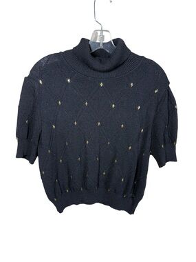 St. John Black Short-Sleeve Turtleneck Sweater with Gold Diamond Detail